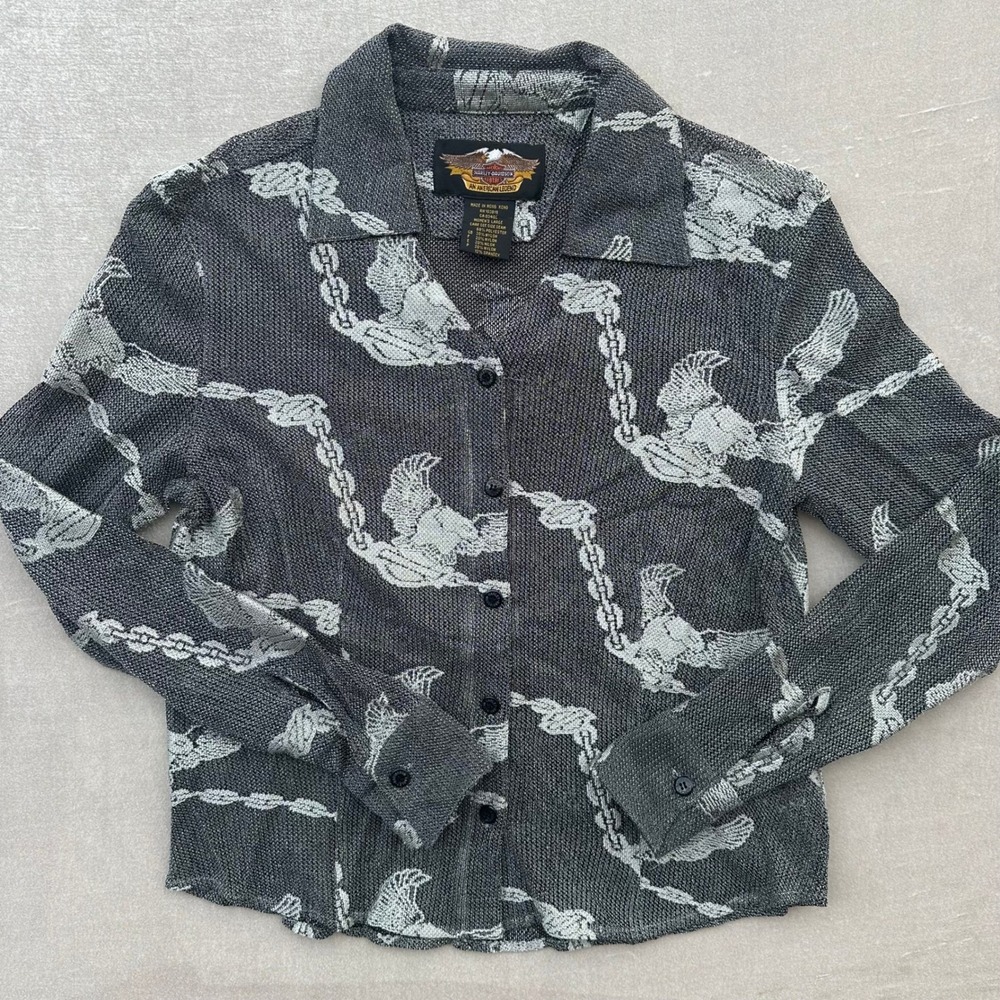 Harley-Davidson Women's Large Eagle Chain Button Shirt Black Y2K Long Sleeve